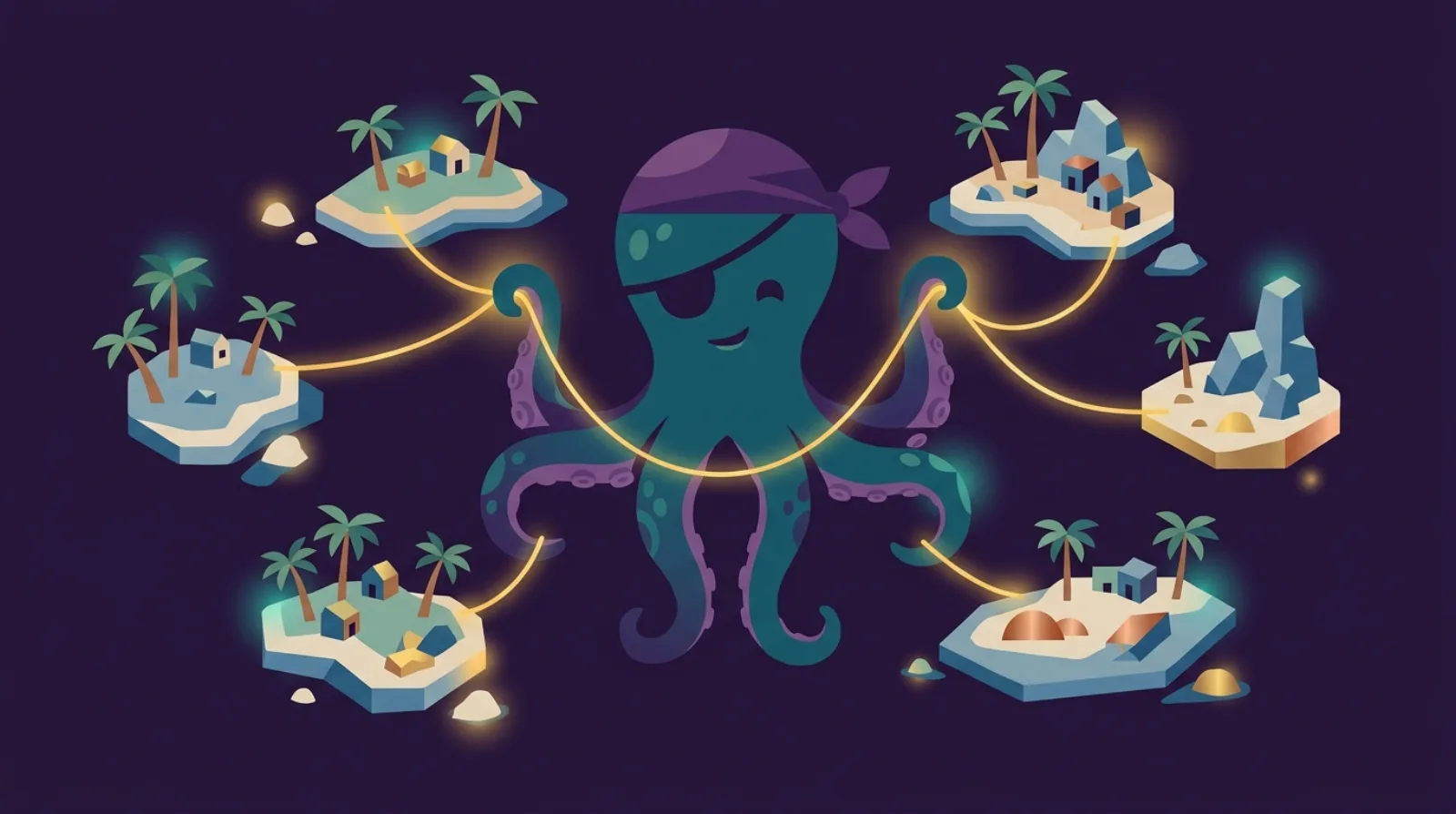 Flat editorial illustration of a pirate octopus mascot holding one glowing thread linking scattered treasure islands, symbolizing key-person risk