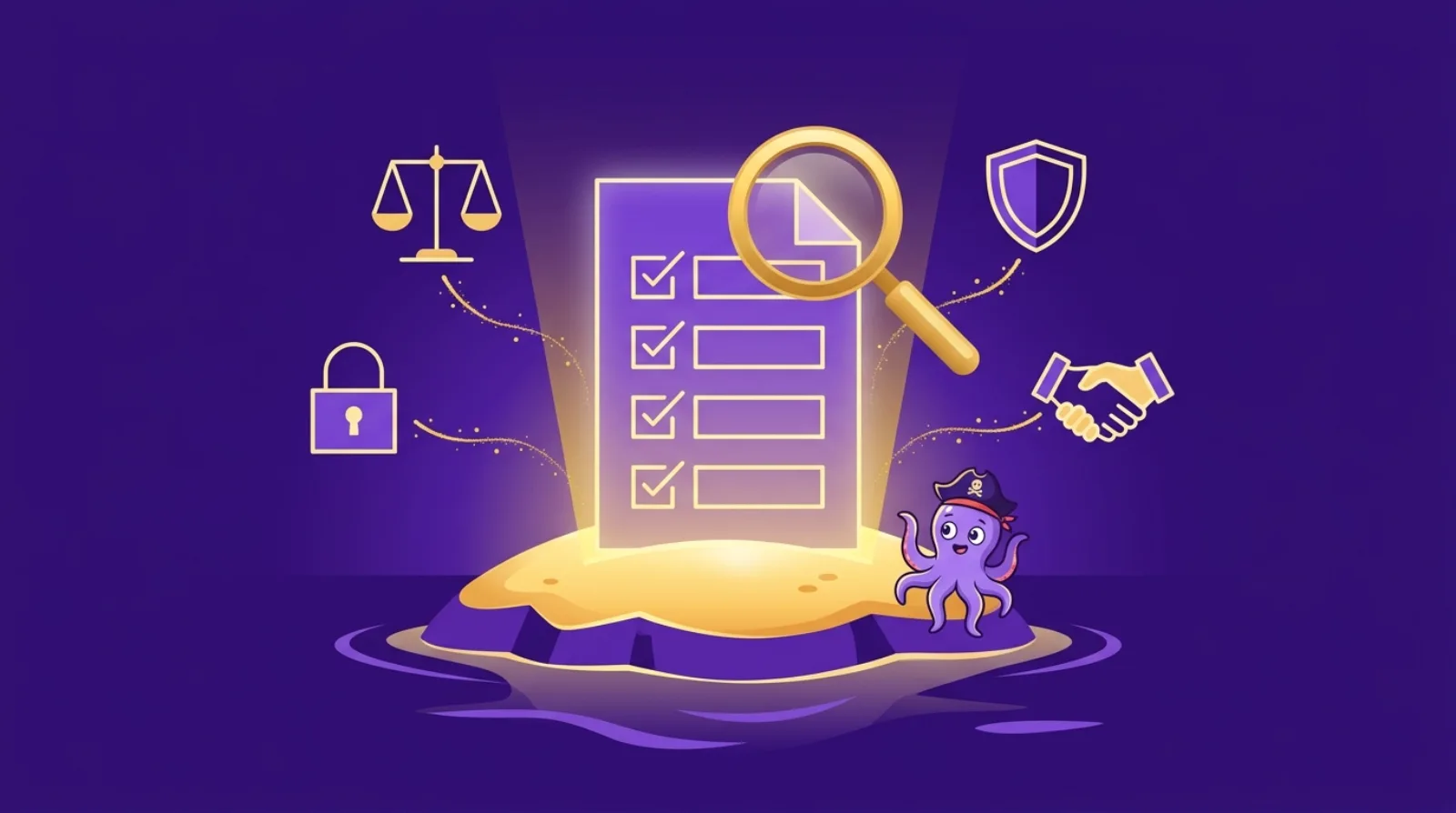 Editorial illustration of a legal due diligence checklist with contract documents, highlighted clauses and a pen β online business acquisition context