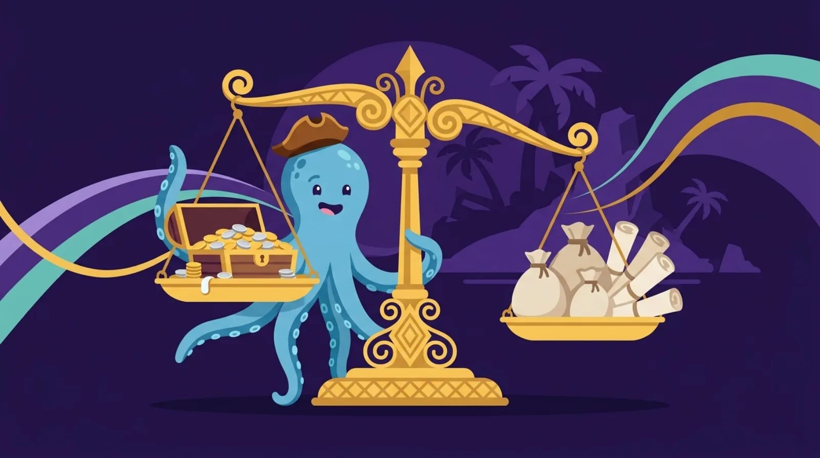 Flat editorial illustration of Flippy the pirate octopus mascot beside a golden balance scale weighing a treasure chest of coins against coin bags and ledger scrolls, symbolizing a net working capital adjustment in an online business acquisition