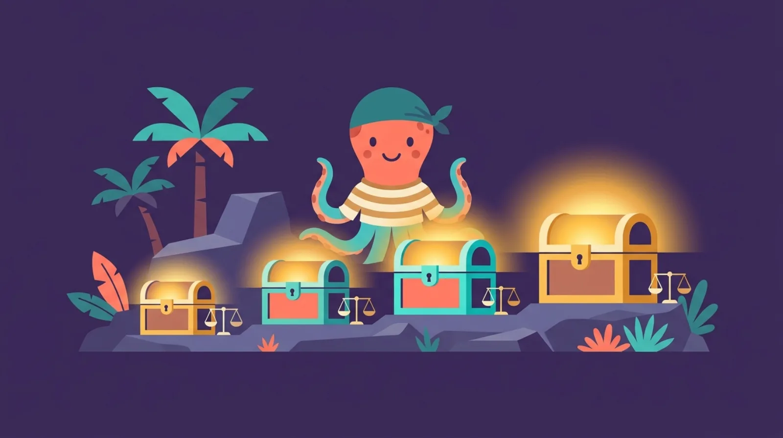 Flippy the pirate octopus of Flipagora examines four glowing treasure chests of increasing size, representing rising budget tiers for buying an online business, dark purple background