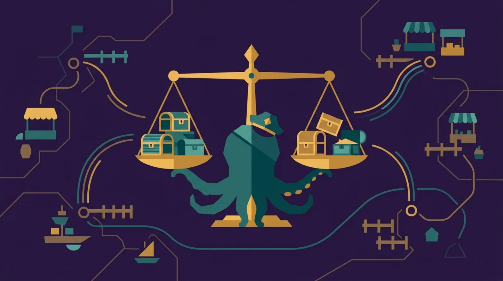 Flat illustration of an octopus-pirate mascot weighing treasure chests on a scale, symbolizing marketplace fee comparison, dark purple background.