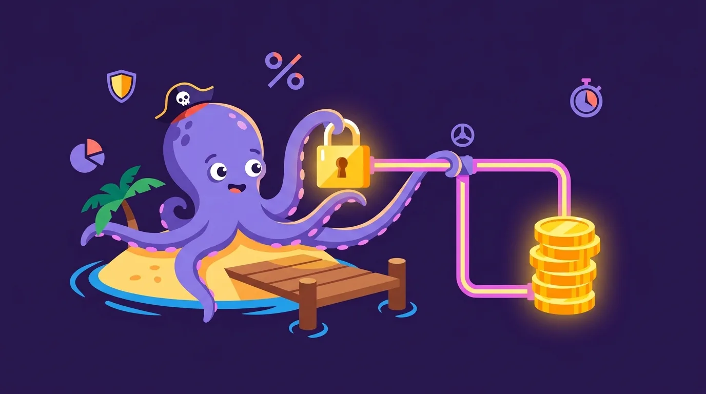 Flippy the pirate octopus guards a glowing treasure chest connected by golden pipes to a padlocked payment gateway icon, symbolizing payment processor due diligence