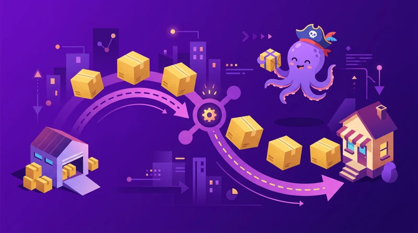 Flat editorial illustration of floating cardboard packages traveling along a curved path from a warehouse to a customer's home, with an octopus mascot — profitable dropshipping business for sale