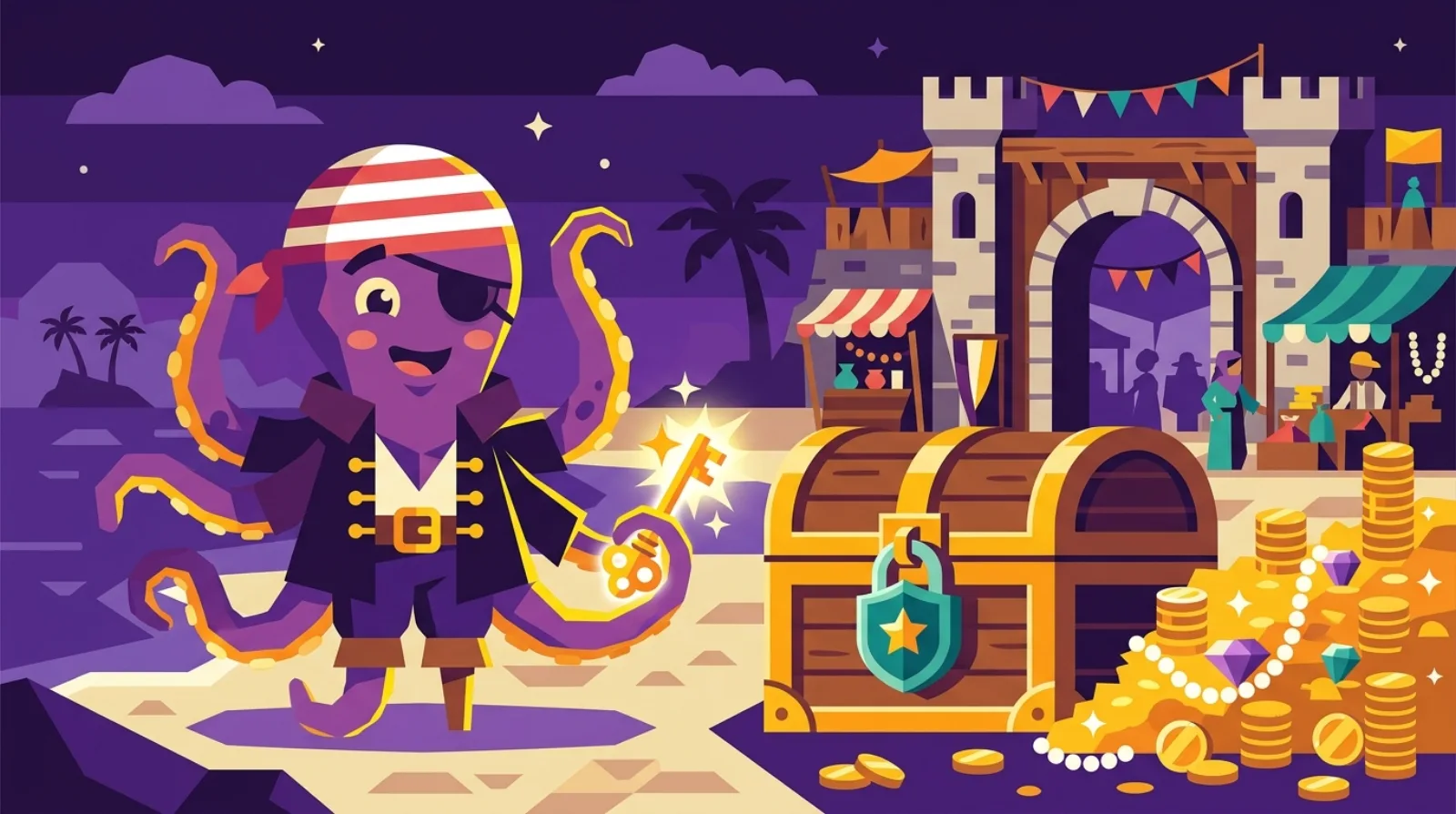 Octopus pirate mascot holding a glowing key beside a padlocked treasure chest at a marketplace gate, symbolizing proof of funds to unlock listings