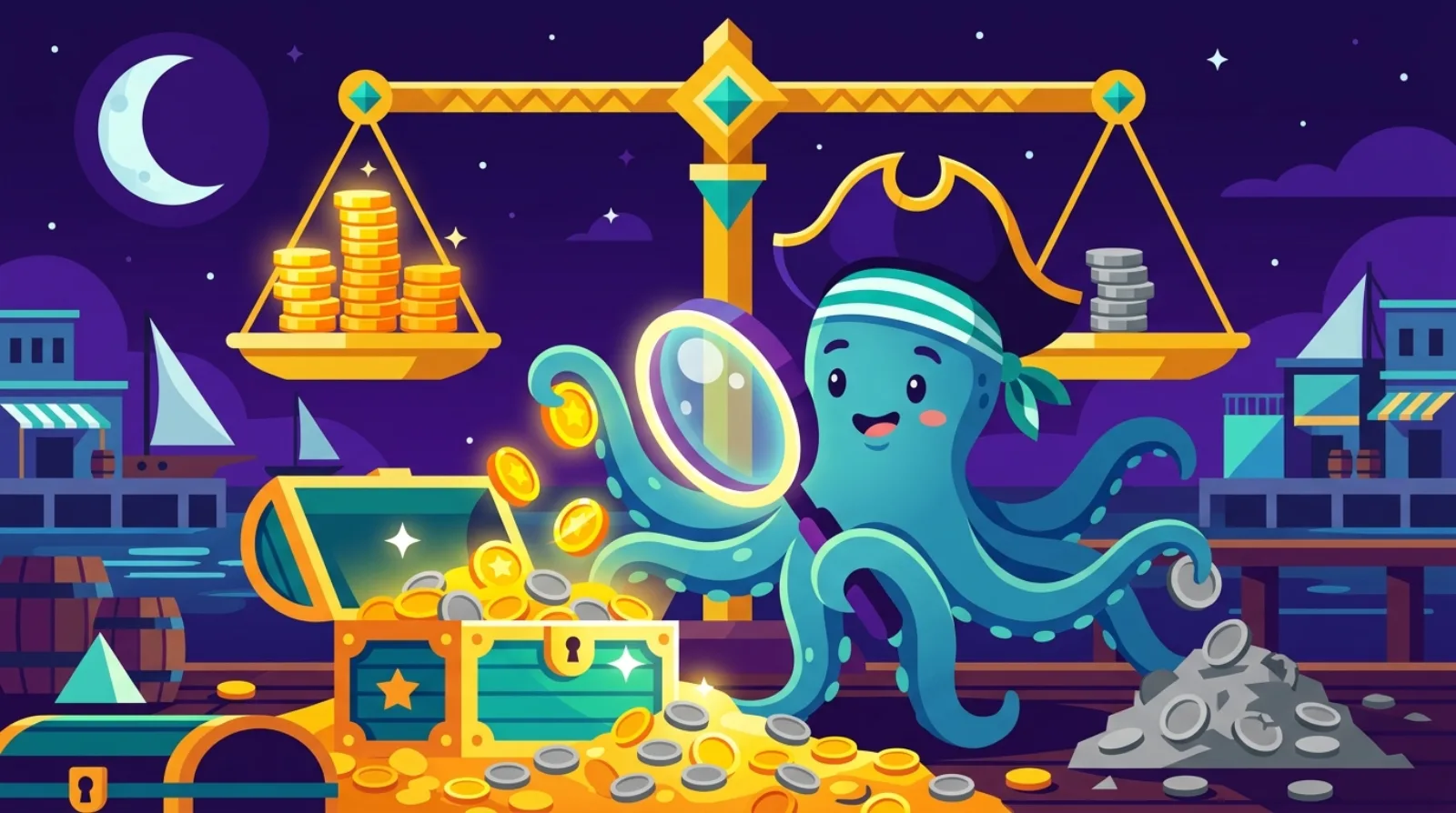Flat editorial illustration of a pirate octopus mascot using a magnifying glass to sort real gold coins from fake ones, dark purple background