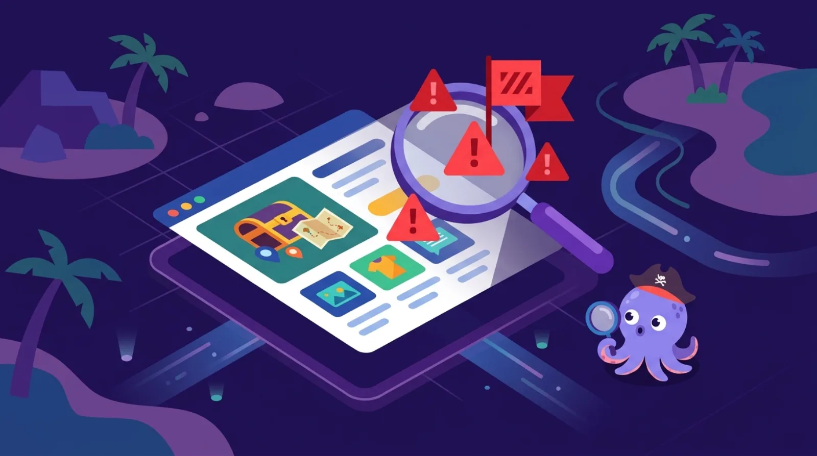 Flat editorial illustration of a magnifying glass surfacing red warning flags around a stylised online business listing card, with Flippy the octopus mascot looking on