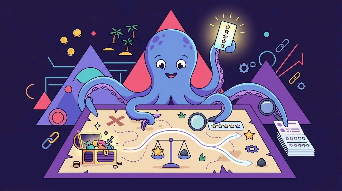 Flat editorial illustration of a pirate octopus mascot sorting genuine and fake star-rating review cards over a treasure map, symbolizing reputation due diligence.