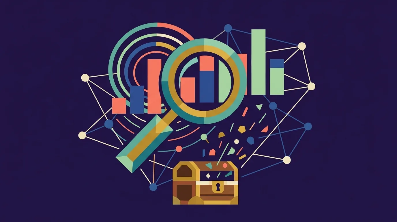 Abstract flat illustration on dark purple background with magnifying glass over bar charts, treasure chest and connected data nodes β SaaS acquisition due diligence metrics visualization