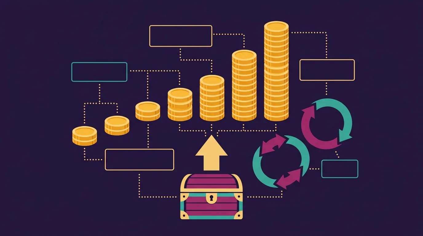 Abstract flat illustration of SaaS valuation concept with coin stacks forming a bar chart and treasure chest on dark purple background
