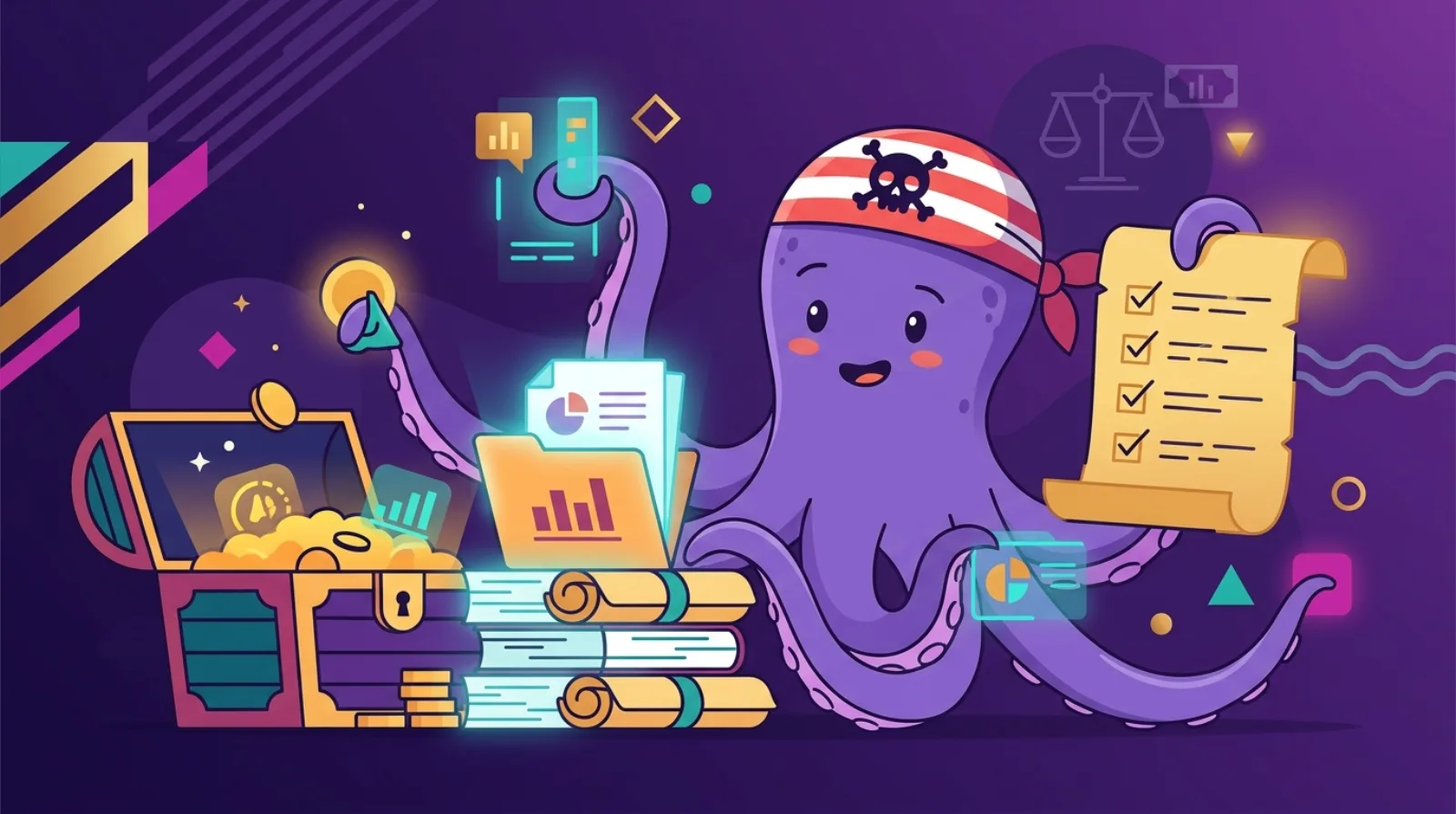 Flippy the pirate octopus organizes financial folders, ledger scrolls, and a checklist beside a treasure chest, symbolizing seller due diligence prep