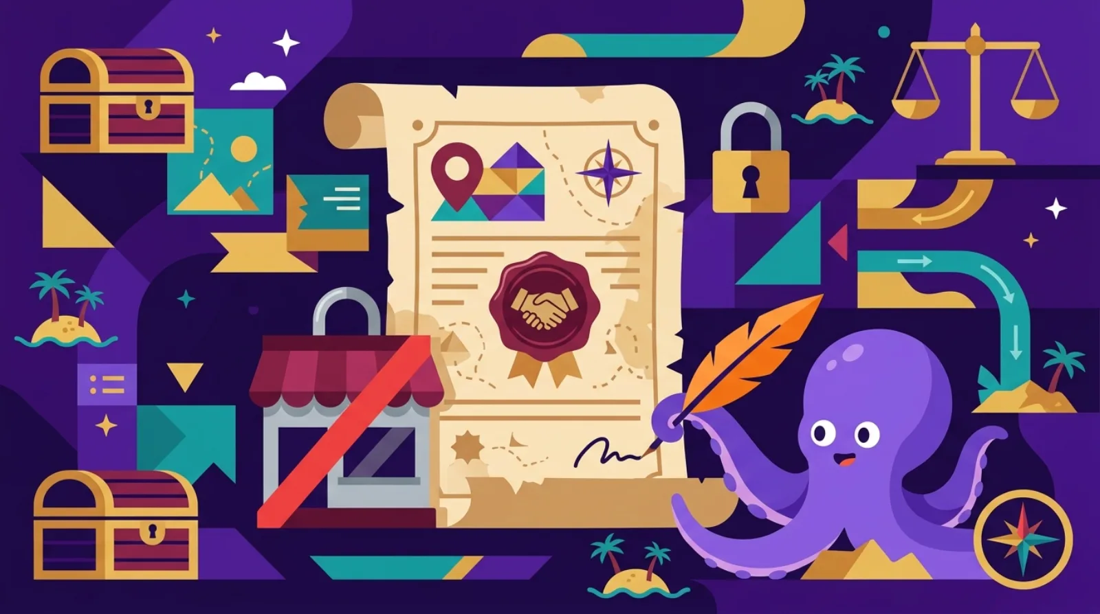Editorial illustration of a purchase agreement document with a padlocked handshake and a barred storefront icon, symbolizing a non-compete clause protecting an online business acquisition