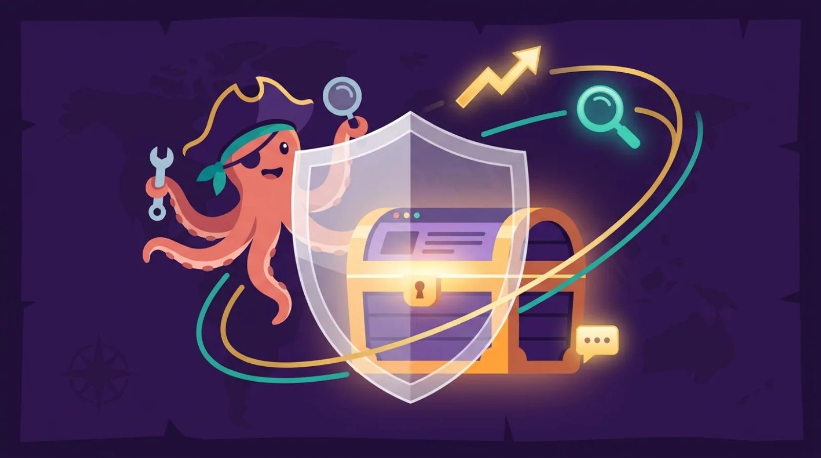 Editorial illustration of a glowing shield protecting a website icon, orbited by a ranking arrow and a magnifying glass, octopus hint, dark purple background