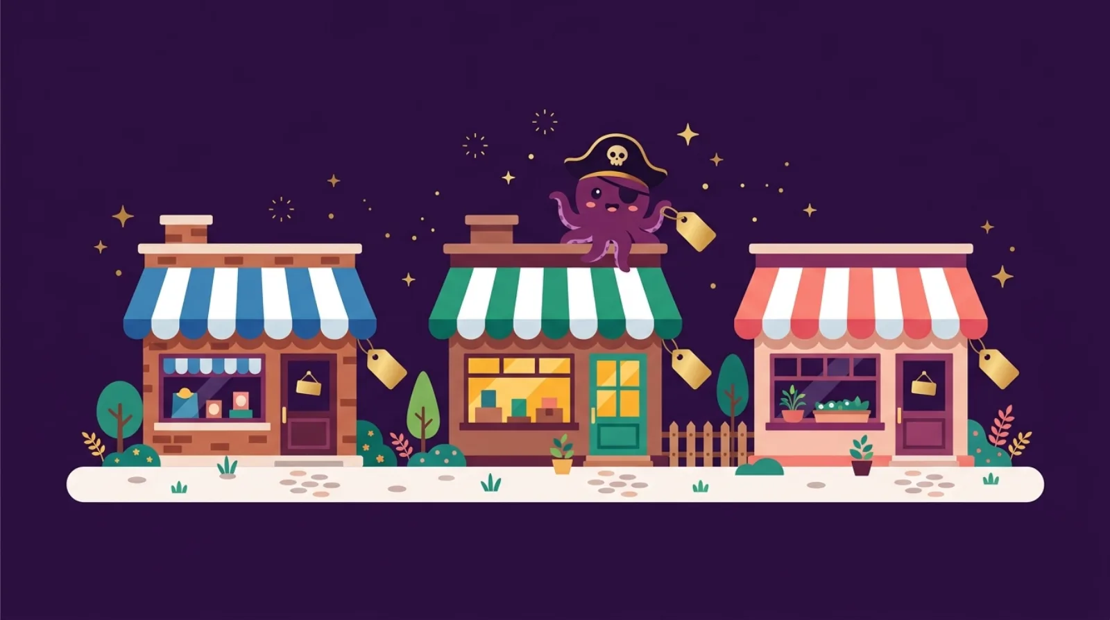 Flat editorial illustration of three small storefronts in a row with blank golden price tags and an octopus mascot perched on the middle one — small Shopify stores for sale under 50k