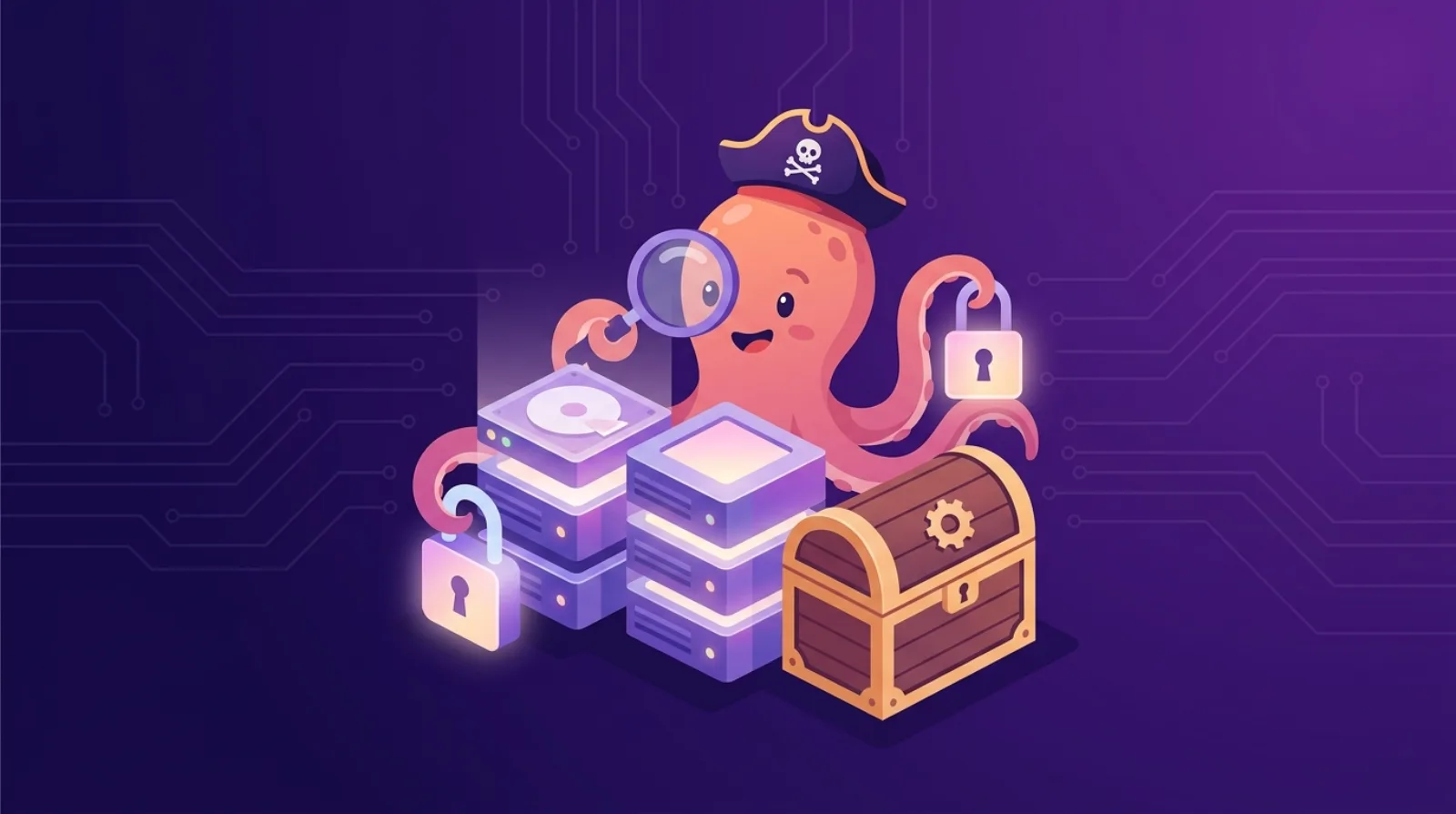 Flat editorial illustration of a pirate octopus mascot inspecting glowing server stacks and a locked treasure chest, symbolizing tech due diligence.