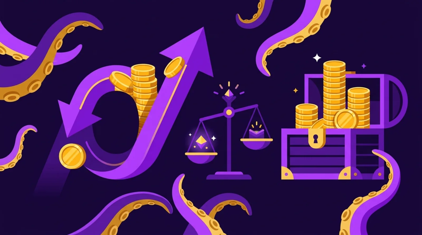 Flat illustration on dark purple background showing website flipping cycle with octopus tentacles, treasure chest and gold coins stacking upward