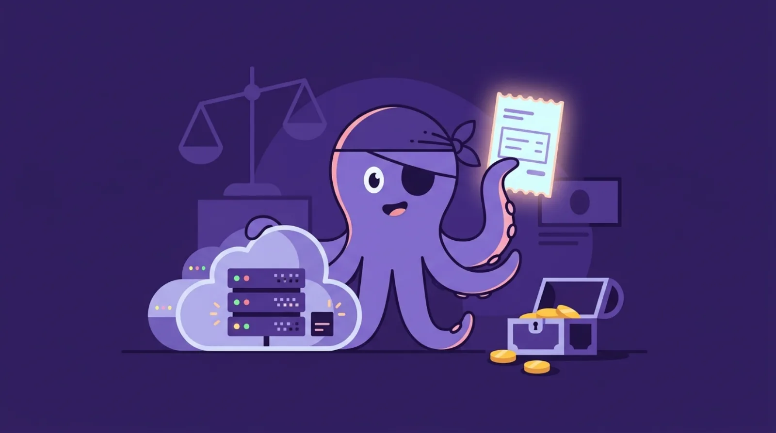 Editorial illustration of an octopus mascot reviewing a server invoice beside a glowing cloud server rack, symbolizing hosting cost due diligence