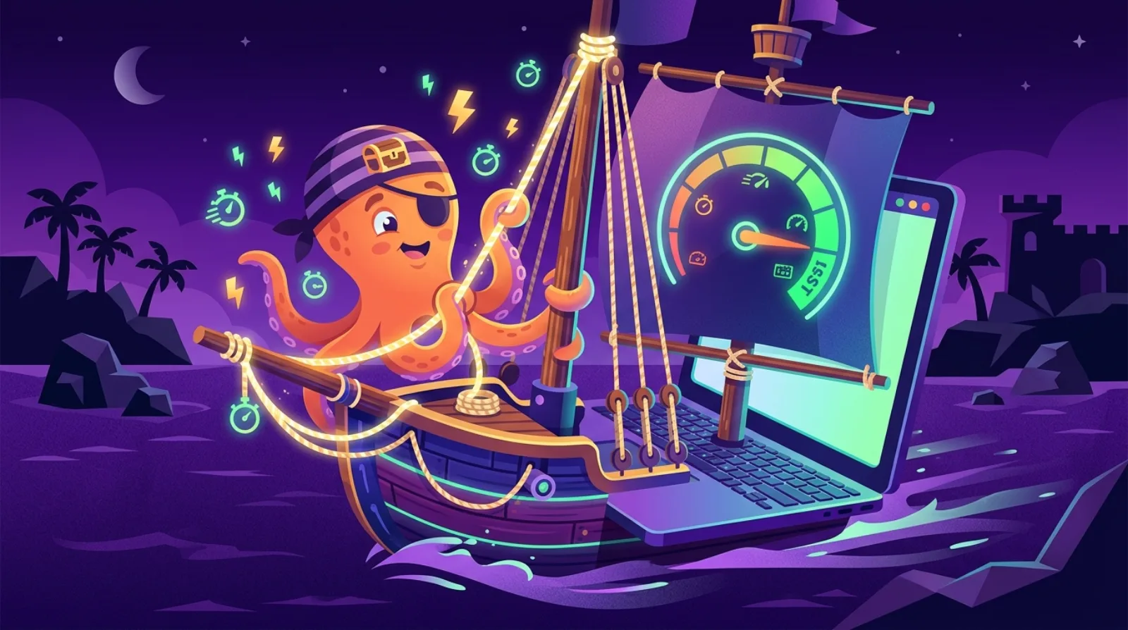 Flat editorial illustration of a pirate octopus mascot tightening rigging on a laptop-shaped ship with a glowing speed gauge, symbolizing website performance optimization after acquiring an online business
