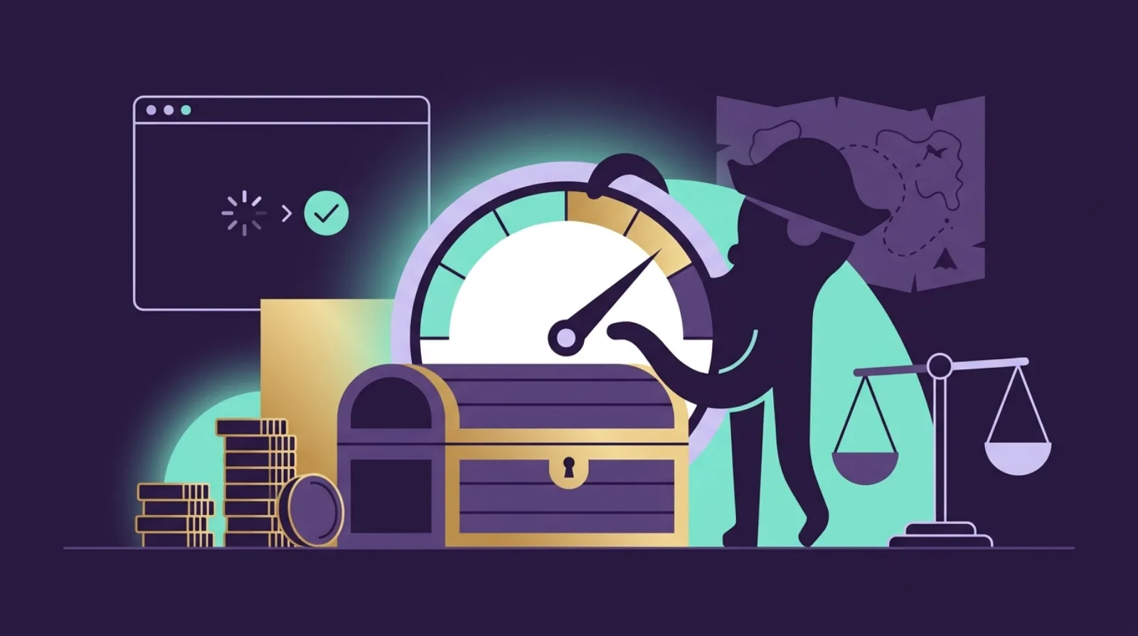 Flippy the pirate octopus checks a glowing speedometer atop a treasure chest, symbolizing website speed and Core Web Vitals due diligence